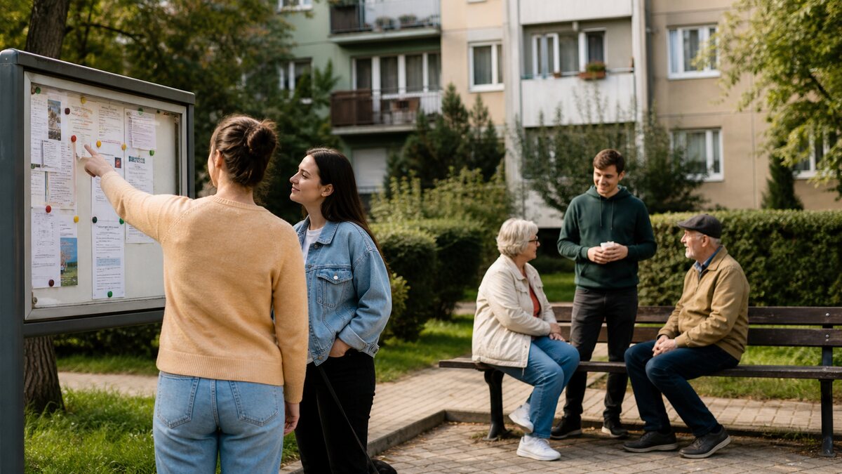 Susedia v slovenskom bytovom dome riešia hľadanie ľudí v okolí bez zoznamkového kontextu v pokojnej každodennej situácii.