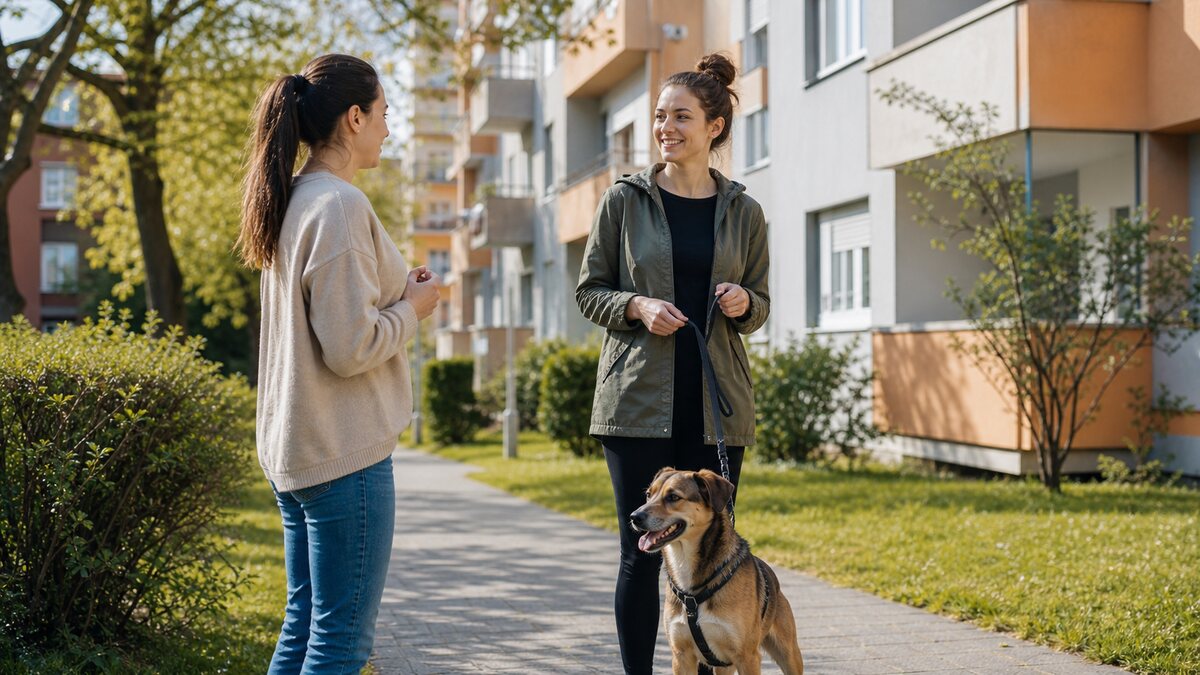 Susedia v slovenskom bytovom dome riešia venčenie psa v okolí v pokojnej každodennej situácii.