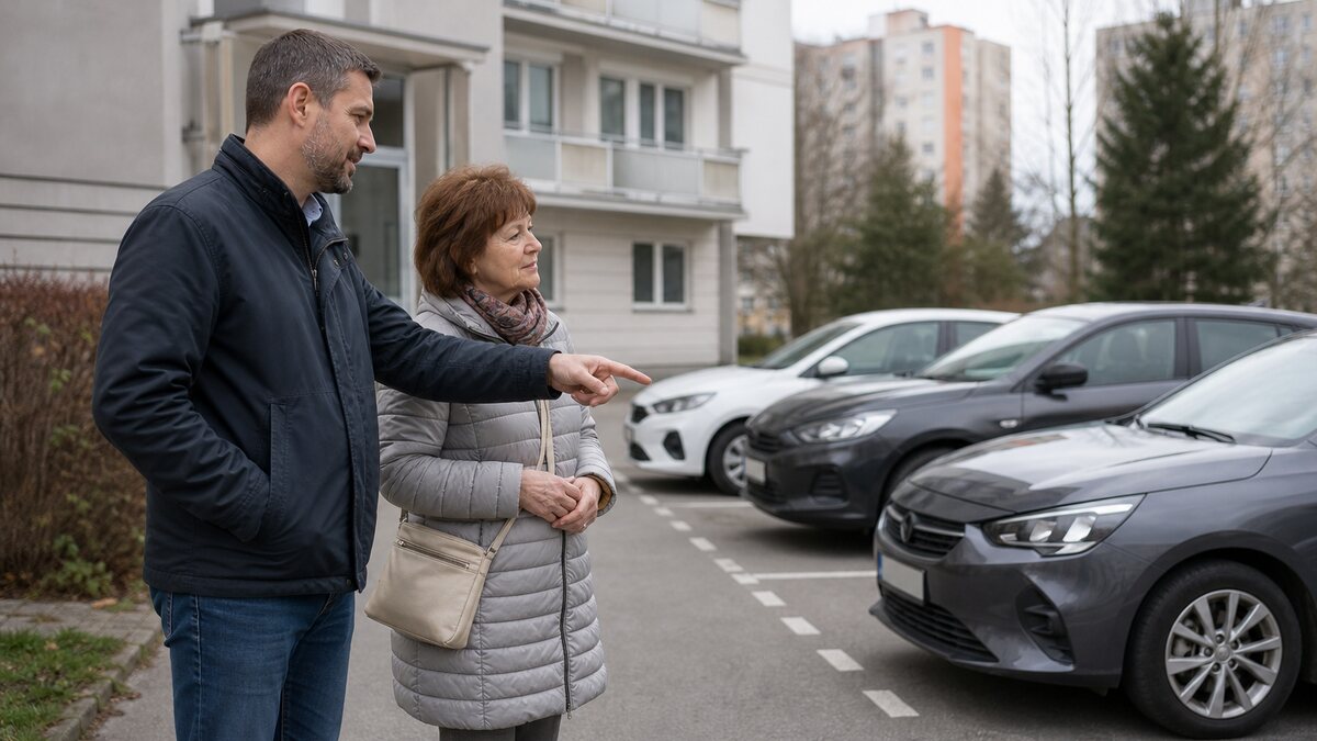 Susedia v slovenskom bytovom dome riešia parkovanie v susedstve v pokojnej každodennej situácii.