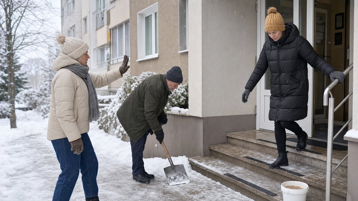 Susedia v slovenskom bytovom dome riešia zima v bytovke v pokojnej každodennej situácii.