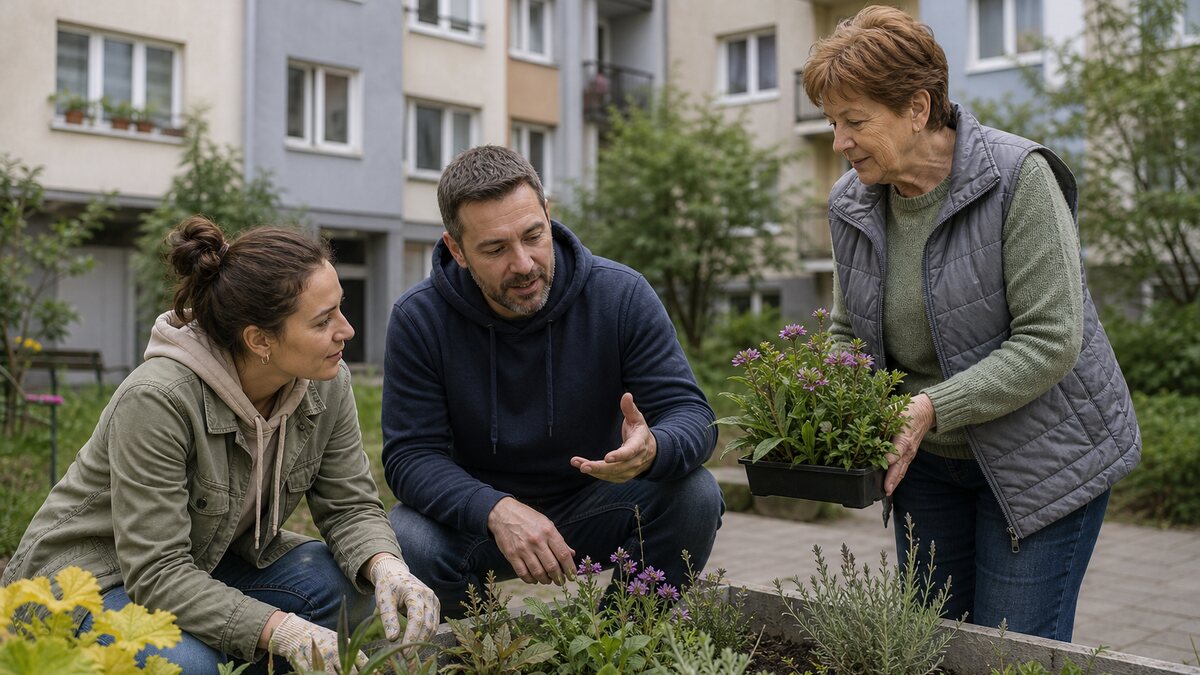 Susedia v slovenskom bytovom dome riešia zeleň vo vnútrobloku v pokojnej každodennej situácii.
