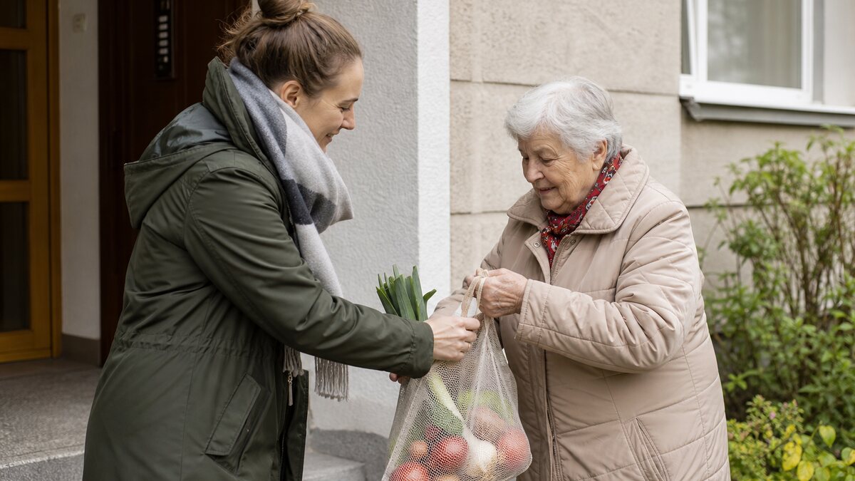 Sused pomáha staršej susedke s nákupom pri vchode do bytového domu.