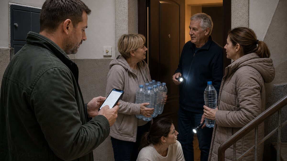 Susedia v slovenskom bytovom dome riešia výpadok vody alebo elektriny v pokojnej každodennej situácii.