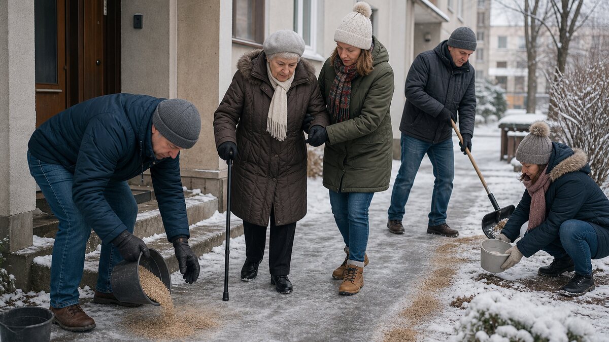 Susedia v slovenskom bytovom dome riešia zľadovatený chodník v pokojnej každodennej situácii.