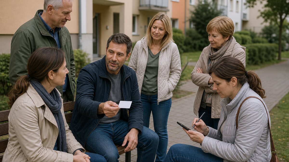 Susedia v slovenskom bytovom dome riešia lokálne odporúčania bez skrytej reklamy v pokojnej každodennej situácii.