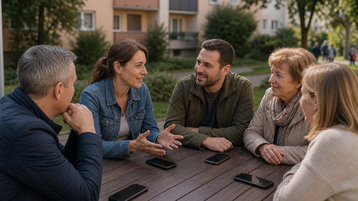 Susedia v slovenskom bytovom dome riešia lokálna sociálna sieť bez reklám v pokojnej každodennej situácii.