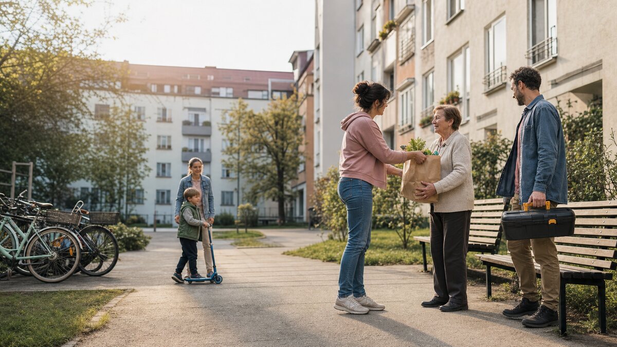 Susedia v bytovom dvore si pomáhajú s nákupom a náradím.