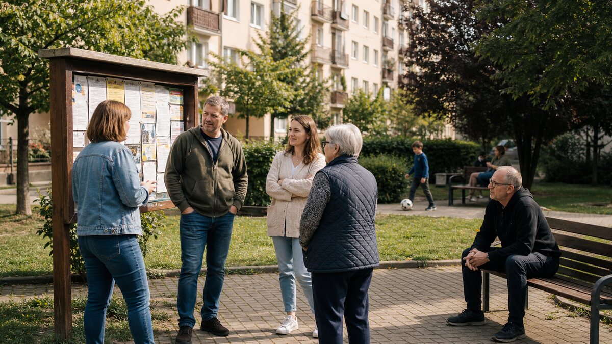 Susedia sa rozprávajú pri lavičke a nástenke vo vnútrobloku bytového domu.