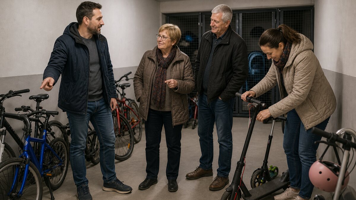Susedia v slovenskom bytovom dome riešia bicykle a kolobežky v bytovke v pokojnej každodennej situácii.