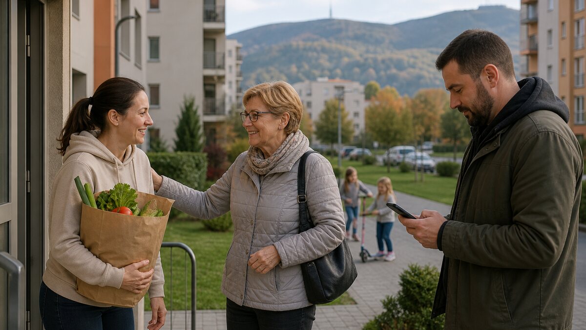 Susedia v slovenskom bytovom dome riešia pomoc počas dovolenky v pokojnej každodennej situácii.