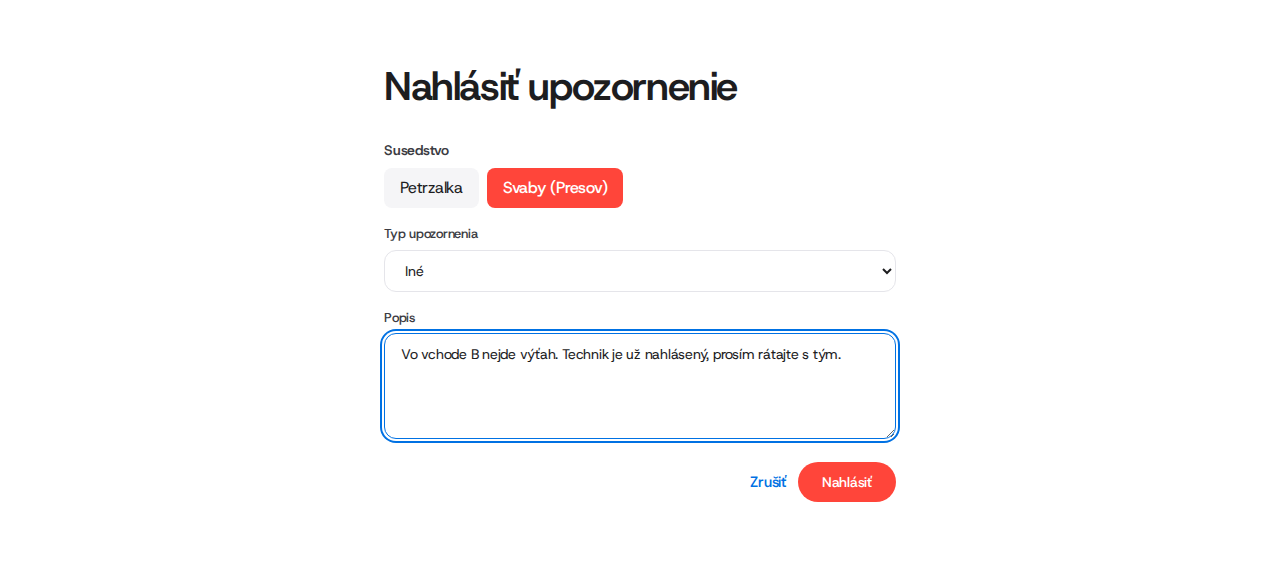 Vyplnený formulár upozornenia.