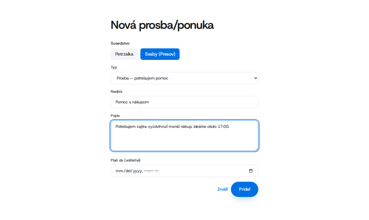 Vyplnený formulár pomoci.