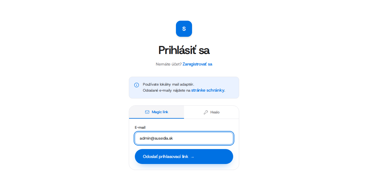Prihlasovacia stránka s možnosťou magic linku.
