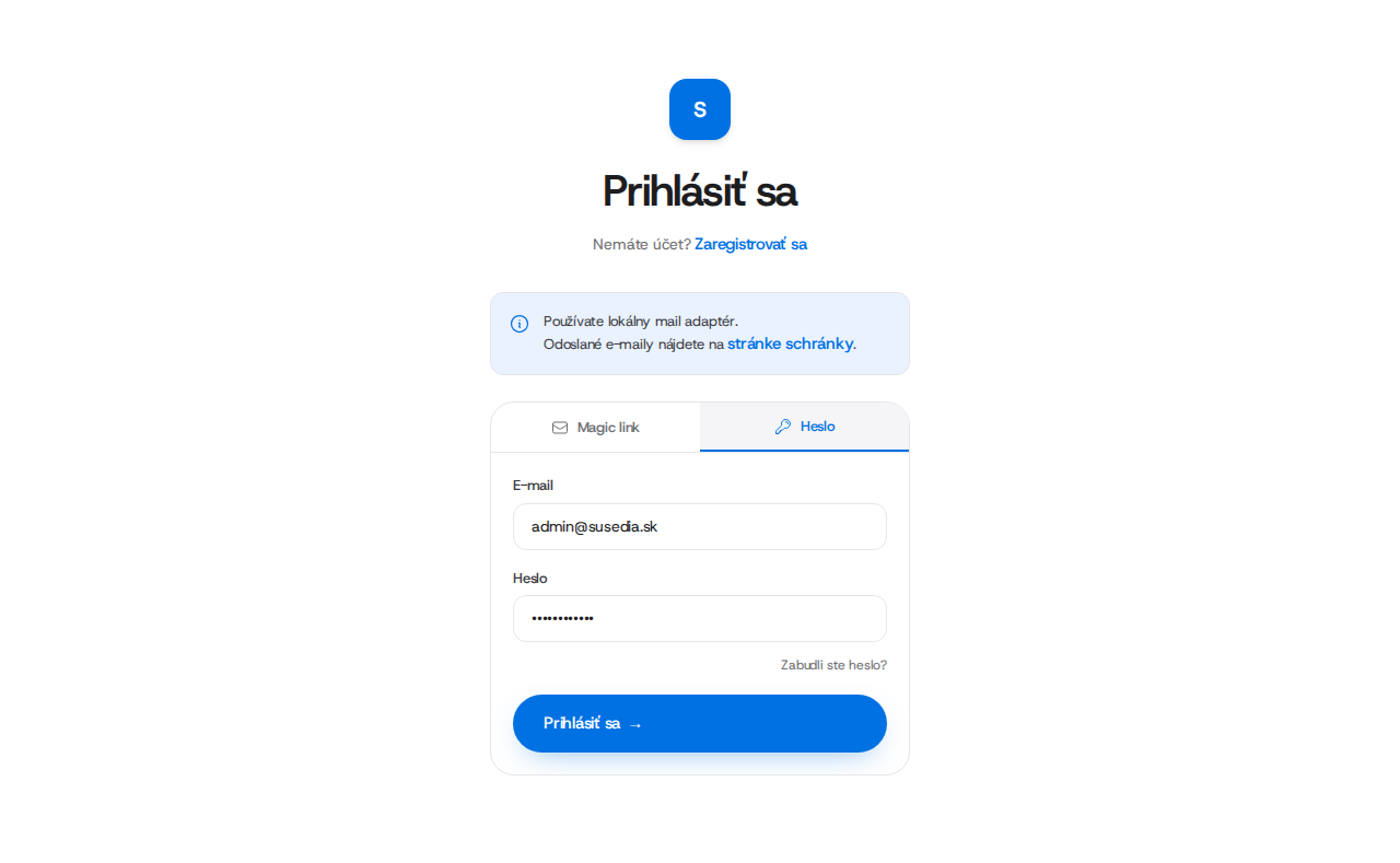Prihlasovacia stránka prepnutá na heslo.