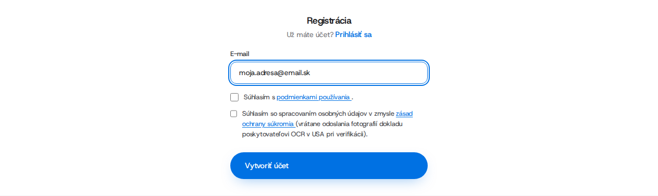 Registračný formulár s vyplnenou e-mailovou adresou.