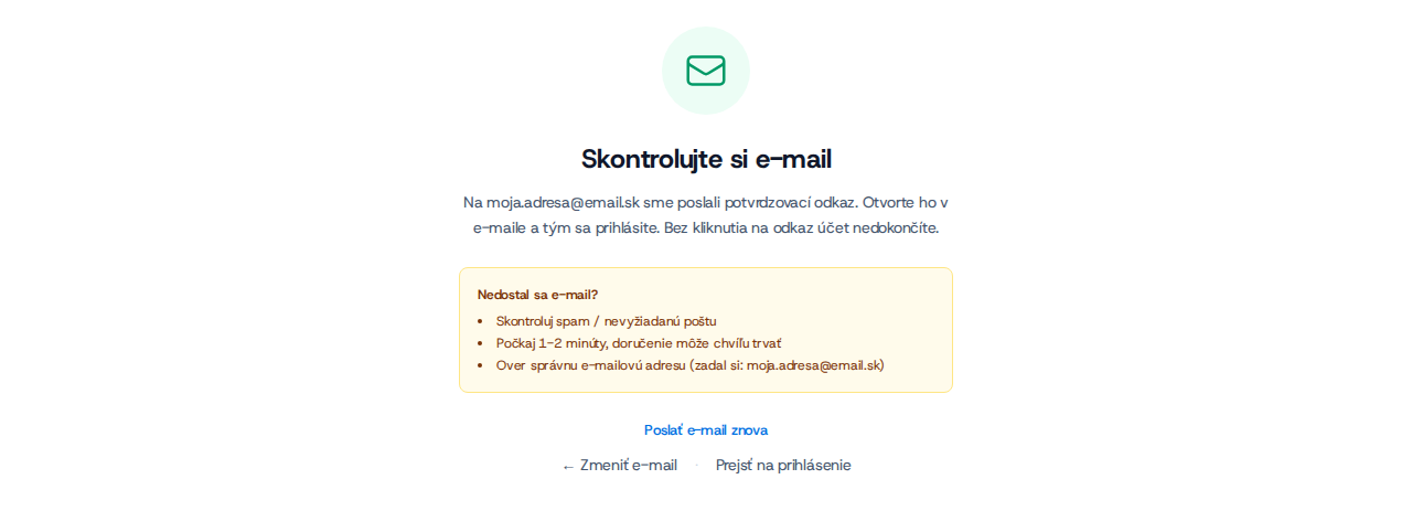 Potvrdenie po registrácii s výzvou na kontrolu e-mailu.