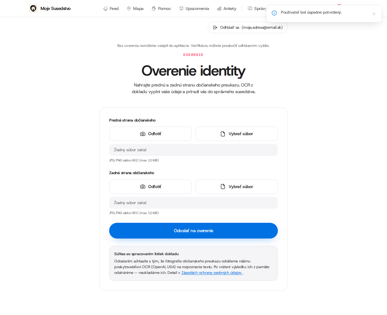 Stránka overenia identity s nahrávaním občianskeho preukazu.